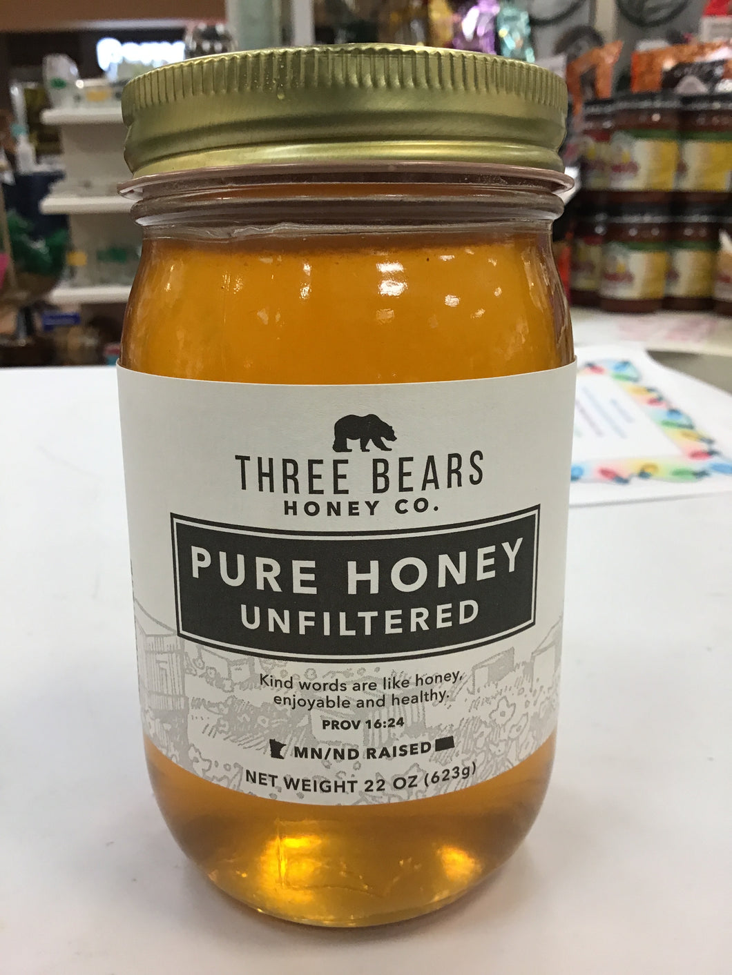 Three Bears Honey Company 22 ounce glass jar pure honey unfiltered